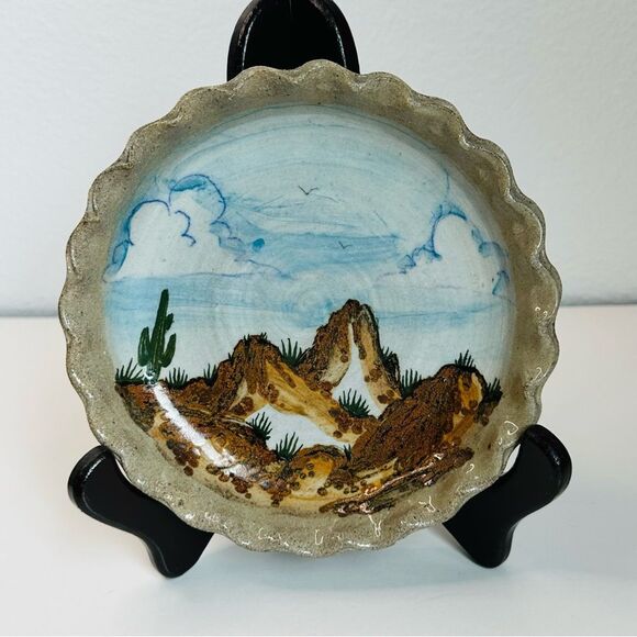 Art Pottery Handpainted Mountain Desert Scene Artist Signed Salt Glaze Dish - Picture 1 of 4